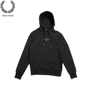 FRED PERRY 麥穗刺繡徽章連帽衛衣 不可拆卸連帽、口袋 寬鬆版型 黑色 男款