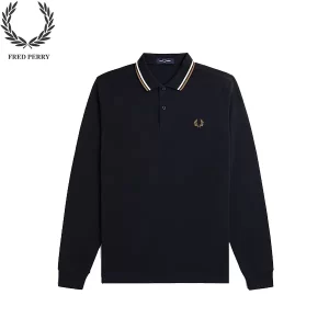 FRED PERRY 25AW刺繡麥穗 男士麥穗長袖Polo 藏青色白橙邊
