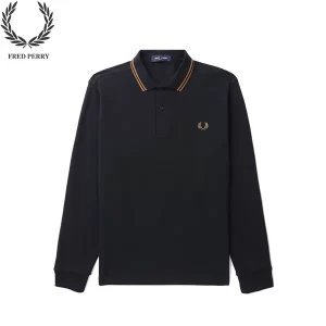 FRED PERRY 25AW刺繡 麥穗長袖Polo衫 黑色雙啡邊 男款