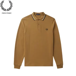 FRED PERRY 25AW刺繡 麥穗長袖Polo衫 焦糖色白黑邊 男款