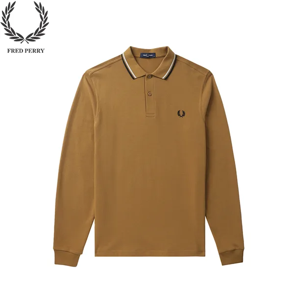1 FRED PERRY 25AW刺繡 麥穗長袖Polo衫 焦糖色白黑邊 男款