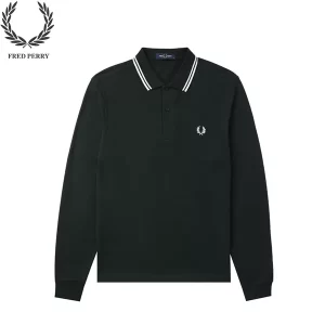FRED PERRY 25AW刺繡 麥穗長袖Polo衫 暗綠色雙白邊 男款