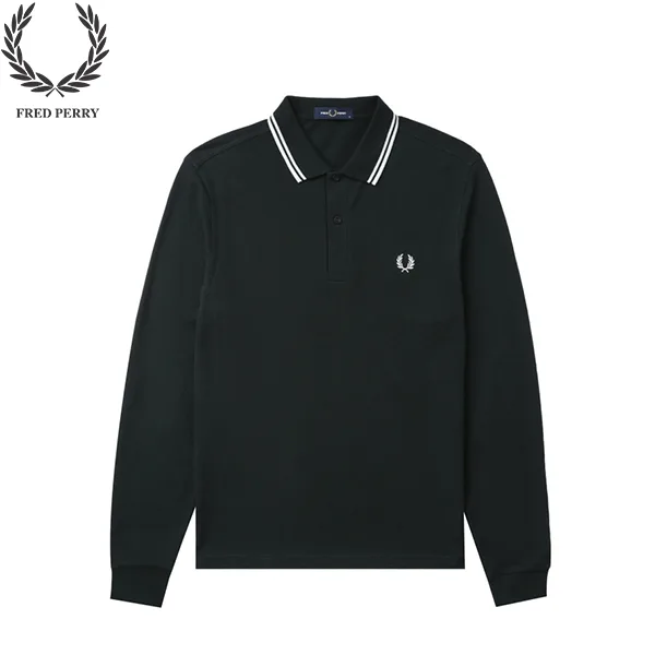 FRED PERRY 25AW刺繡麥穗長袖Polo衫暗綠色雙白邊男款- FRED PERRY台灣